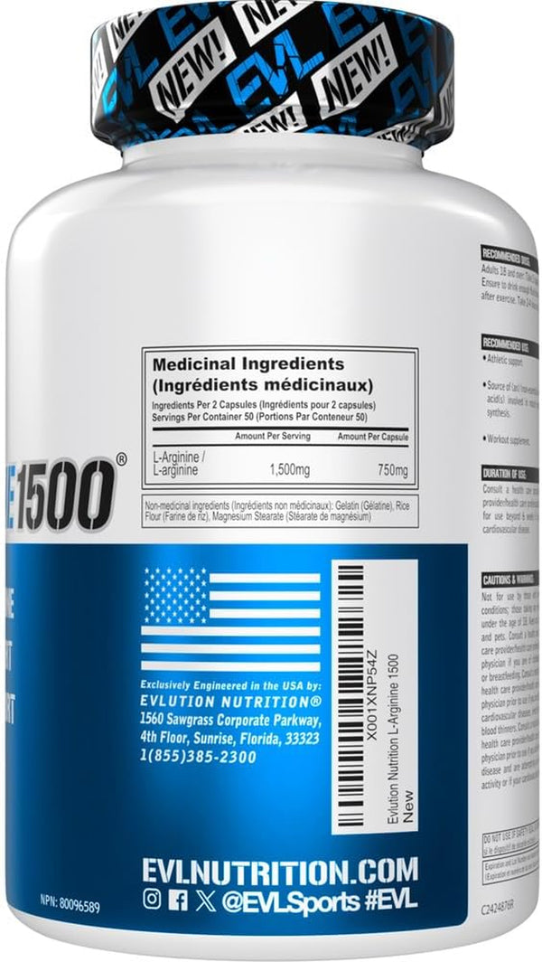 Nutrition 1500Mg L-Arginine Capsules - High Strength L Arginine Supplement for Enhanced Nitric Oxide Production plus Protein and Creatine Synthesis - Preworkout Nitric Oxide Supplement