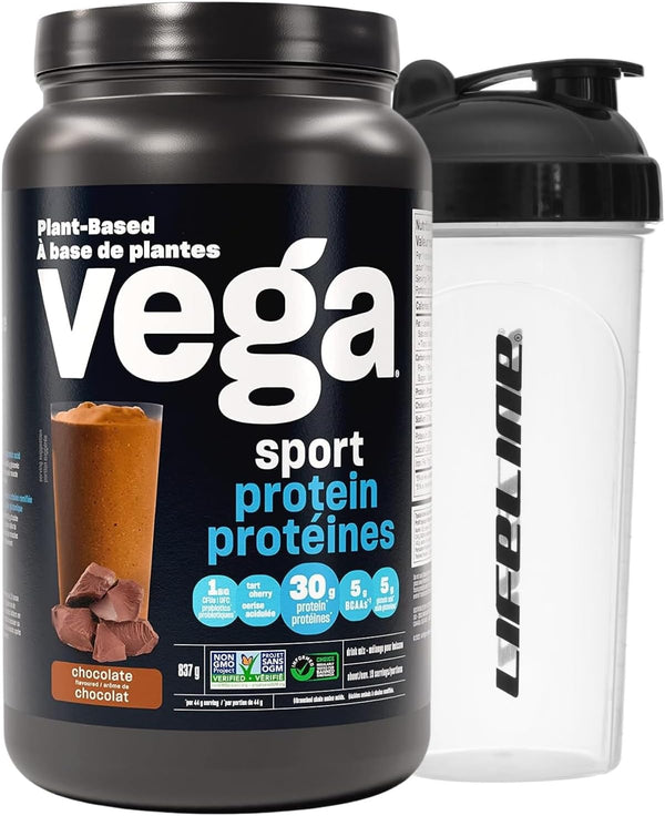 Vega Sport Protein Powder Chocolate with Shaker Bottle - Plant Based Vegan Protein Powder, Bcaas, Amino Acid, Tart Cherry, Non Dairy, Gluten Free, Non GMO (19 Servings)