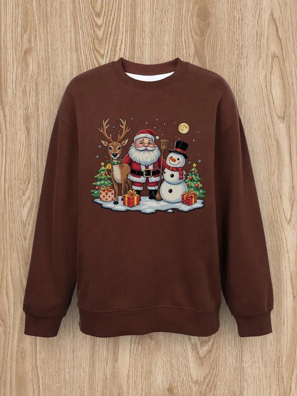 Women Basic Casual Pullover Spring Autumn Long Sleeve Elk With Santa Claus Printed Round Neck